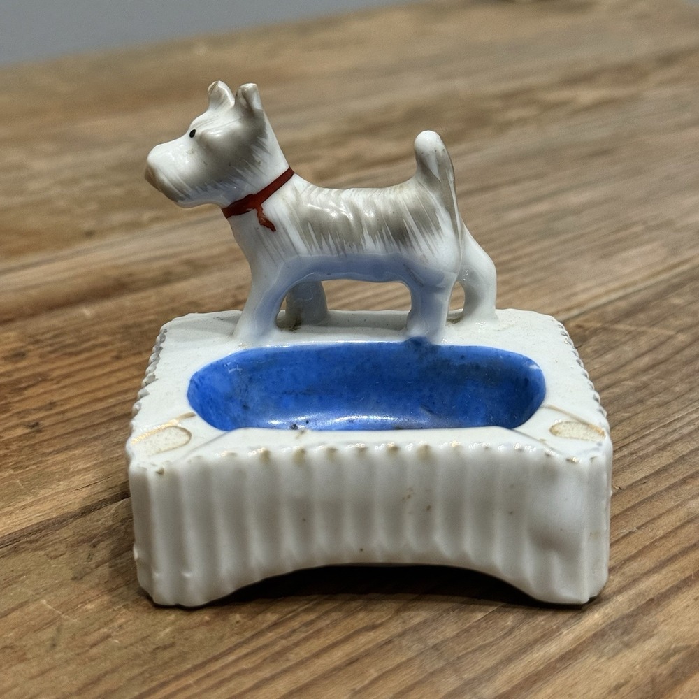 Vintage Mid Century Porcelain Scottie Dog Ashtray White Blue Japan Ceramic MCM